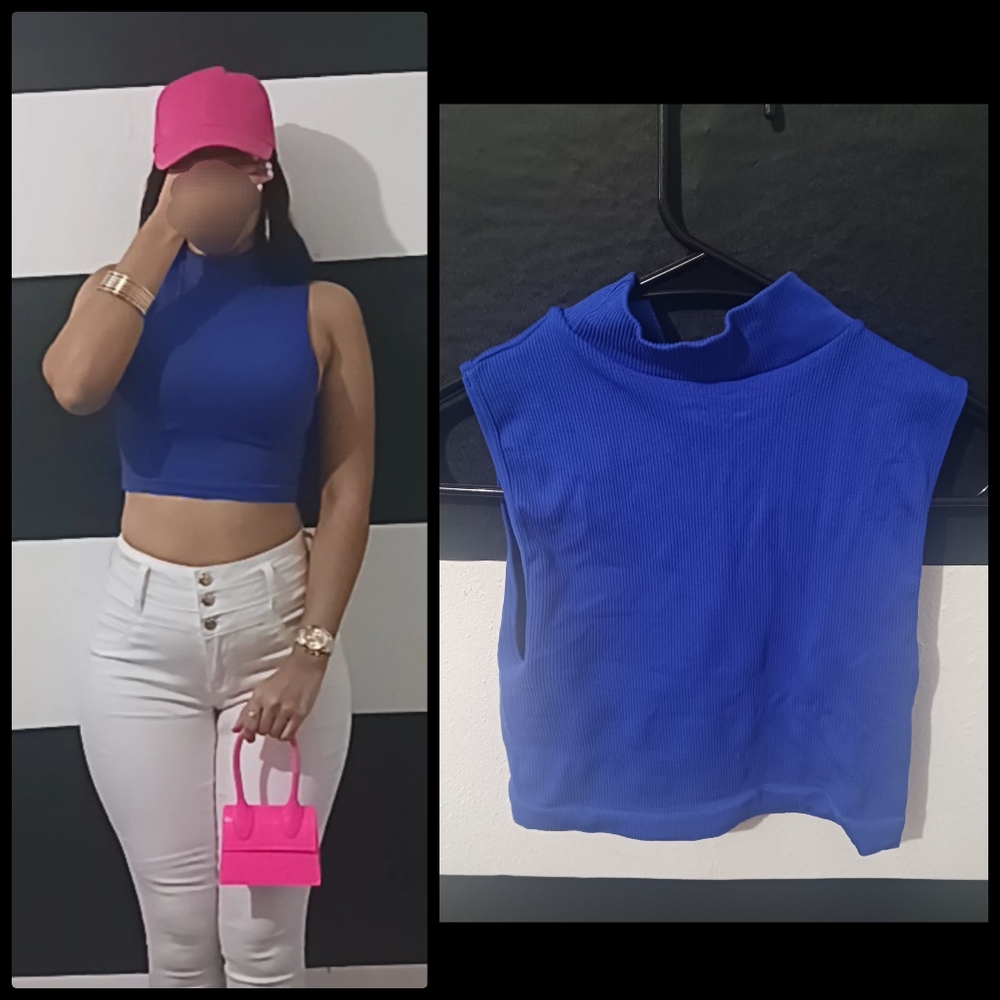 Fct with love Basic Women blue mock neck sleveless crop top